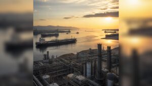 Industrie- und Raffineriegelände am Ufer, mehrere Tankschiffe auf ruhigem Wasser bei Sonnenuntergang.